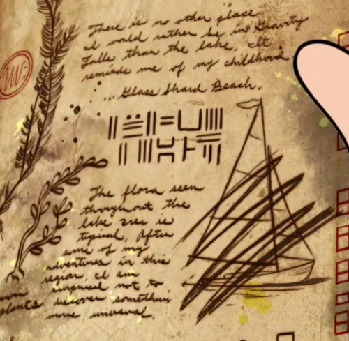 headful-of-feathers:  “There is no  other place I would rather be in Gravity Falls than the lake. It reminds me of my childhood.   … Glass Shard Beach”Note the meaningful “…” and a scribbled out drawing of a boat.  Is this “Stan ‘O’