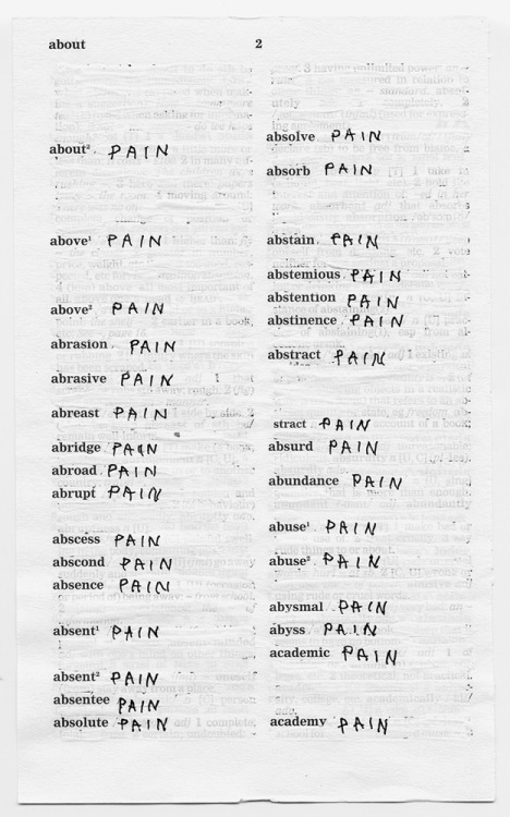 self-shadowing-prey:      Mladen Stilinović, Dictionary – Pain, 2000-2003  “When I say pain, questions are immediately raised: what pain, whose pain, wherefrom the pain, as if pain had to be explained, analyzed. There’s nothing to be explained….