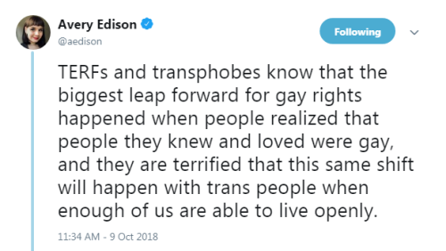 “TERFs and transphobes know that the biggest leap forward for gay rights happened when people realiz