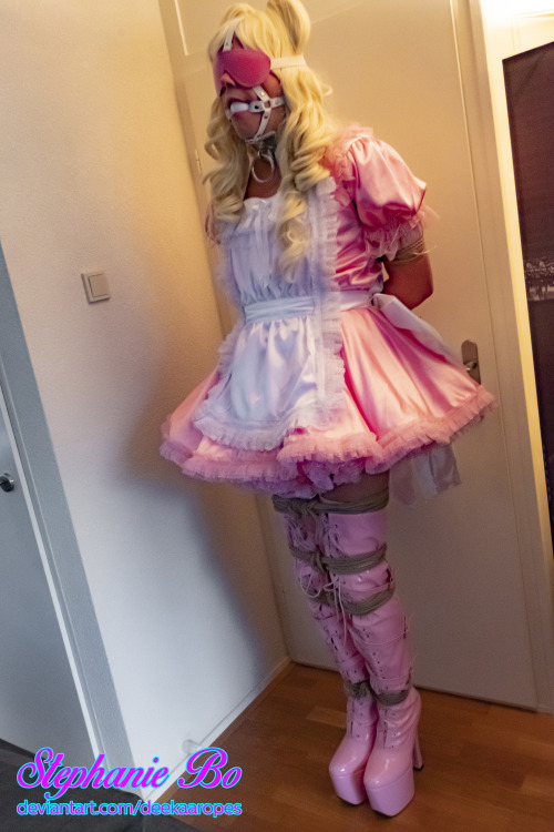 Pink Sissymaid Stephanie Bo standing in the Corner, Bound and Gagged.Not going anywhere.