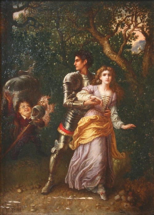 Paolo Priolo, “Knight and Damsel near a Dwarf in a Woodland Clearing”,late 19th Century