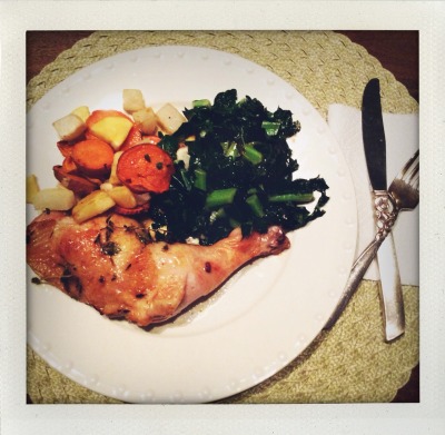 Chilly Friday night at home and the oven was in full use! Organic chicken thighs roasted in lemon with roasted root veggies and wilted lemon kale. Spices used: cayenne, garlic and thyme.