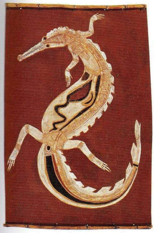 newguineatribalart: Lofty Nadjamerrek bark Painting of a crocodile More bark paintings by this artis