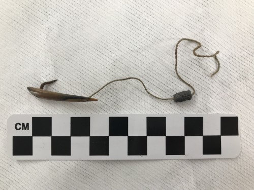 Fishing hookBone, iron nail, lead, sinewAge and manufacture unknown, Northern AlaskaTo help support 