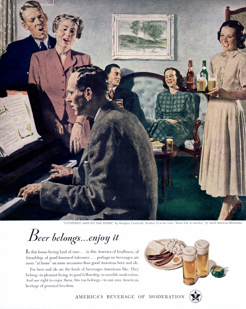 gameraboy:  Hooray for beer, “America’s Beverage of Moderation”! 1949 ad 