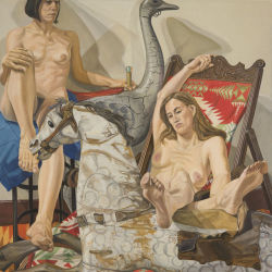 urlof:PHILIP PEARLSTEIN Two models with hobby horse and carousel ostrich, 2002 Oil on canvas