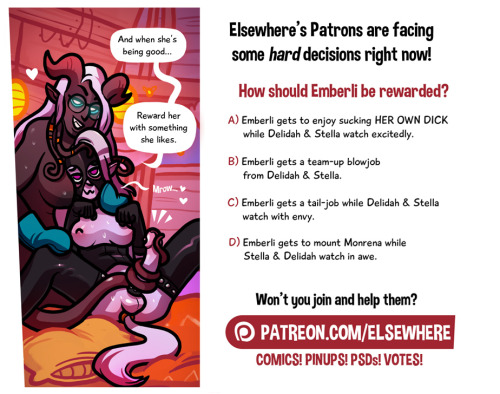 Just a little sneak peak at the almost bi-weekly decisions my Patrons are making ;)(( Big thanks to everyone who is already a Patron. You guys make these comics happen and that makes a lot of fans very happy! <3 ))> Patreon.com/ELSEWHERE.