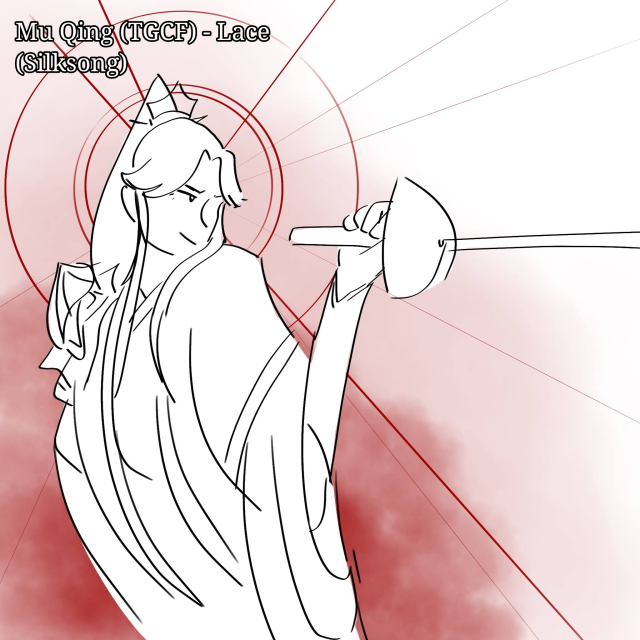 At the top left of every image, text stating the character and a song is shown. Here: "Mu Qing (TGCF) - Lace (Silksong)." Mu Qing is holding a fencing sword in an elegantly offensive position. He's smiling, eyes narrowed in concentration. There's a red halo with lines sprouting out around his head as well as a cloud-like red gradient coming from the bottom of the image.