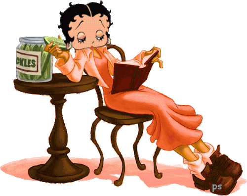 Betty Boop reading while eating pickles. BB art by Patti S.Boop was inspired by the singer Helen Kan