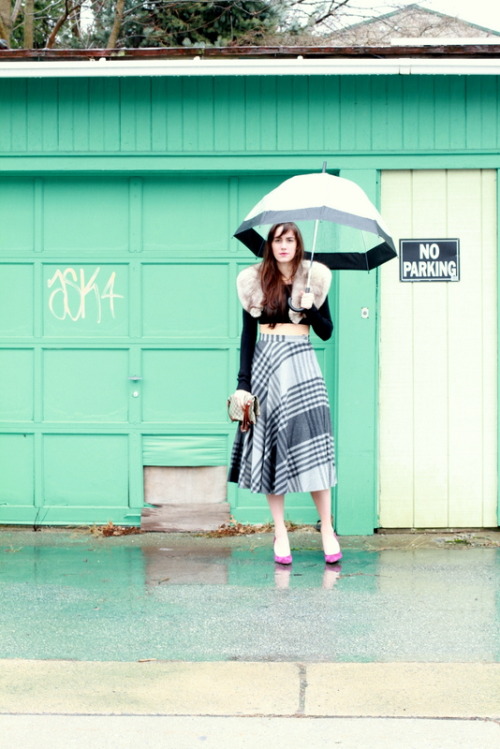 A line and Tiffany’s Umbrella by no name Vintage fur collar Sweater by Donna Karen  Plaid skir
