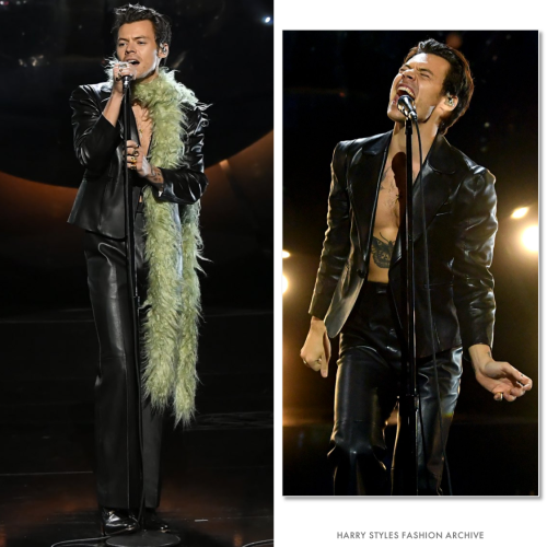 Harry Styles' 2021 Grammys Outfit Look Included A Green Feather