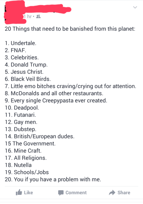 maxtimot:  visceral-rust:  a-controlled-substance:  pearlthedestroyeroftheworld:  sreq:  the-cringe-channel:  This guy I know on Facebook is……really bitter to say the least.  tag yourself i’m Mine Craft  I’m black veil birds  I’m little emo
