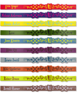 snkmerchandise: News: Aquamarine Shingeki no Kyojin Rubber Bracelets Original Release Date: Late June 2017Retail Price: 5,400 Yen for box of 10 Aquamarine has released previews of their upcoming SnK character name rubber bracelets! The pack of 10 will