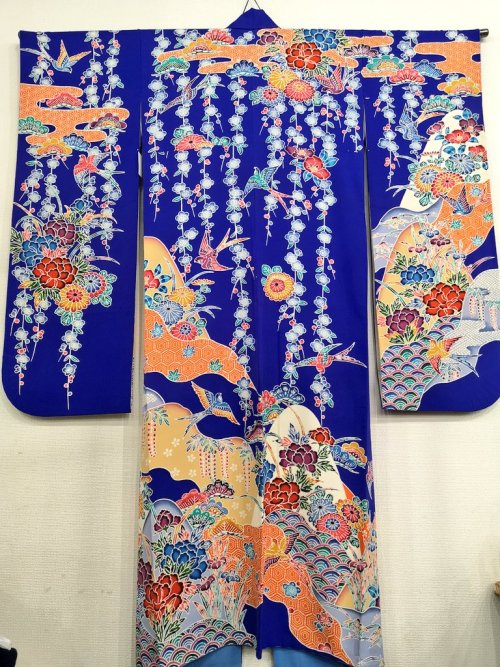 Impressive royal blue bingata furisode, with all seasons flowers and auspiscous pattern (kikko, asan