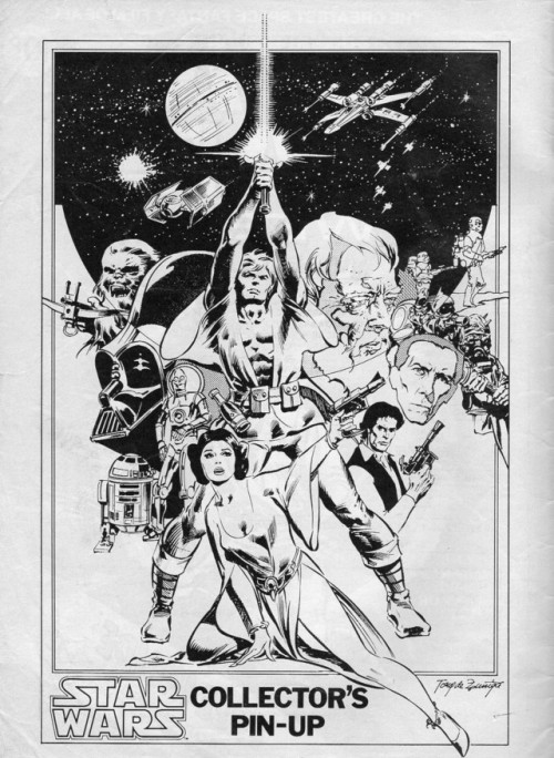 aclockworkfetish: browsethestacks:  Star Wars Weekly #01 Inside Front Cover   Star Wars: A New Hope Pin-Up  Art by Tony DeZuniga  Marvel UK, February 8th, 1978  ⚙️ 