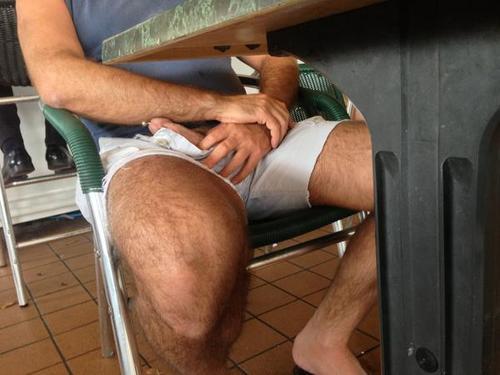 jpwlms:  riskyinpublic:  freeballingla:  Easy access for sure! Freeballingla.tumblr.com  Taking his hard cock out in what looks like a cafe/restaurant. There’s definitely people around - check out the legs on the left - daring!  Waiting for service