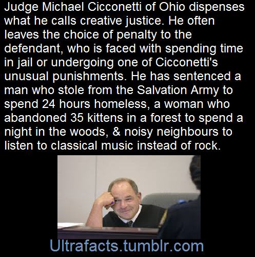 ultrafacts:  Some of the unusual sentencesDuring heavy blizzards, he ordered defendants to clear snow at a retirement home.A man caught with a loaded gun was sent to a morgue to see corpses.A man who shot a dog was sentenced to donating 40 lbs of dog