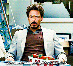 writeanotherballad:  roboticonography:  that time Tony was tripping balls so bad he misremembered the name of his own company  #natasha’s expression is a thing of beauty #her internal monologue is just screaming THIS BITCH (x)