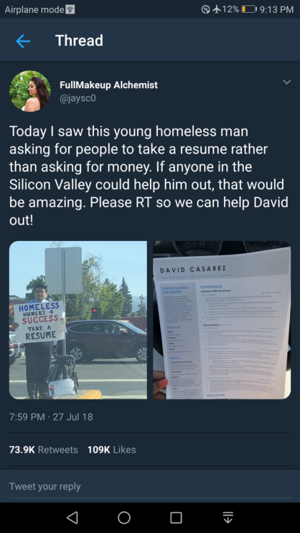twitblr:Homeless man handing out resumes in Silicon valley goes viral. Many offerings in replies.