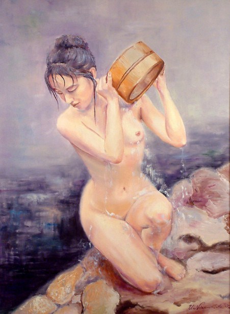 artbeautypaintings:  Japanese woman in a bath - Urszula Nieborak