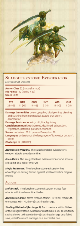 Slaughterstone EvisceratorLarge construct, unalignedArmor Class 22 (natural armor)Hit Points 112 (15