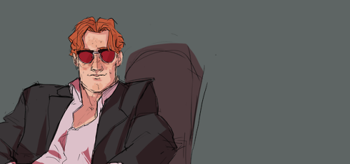 byfe: Matthew Murdock, Kingpin.  [id: Matt Murderdock sitting in sideways in a chair with his l