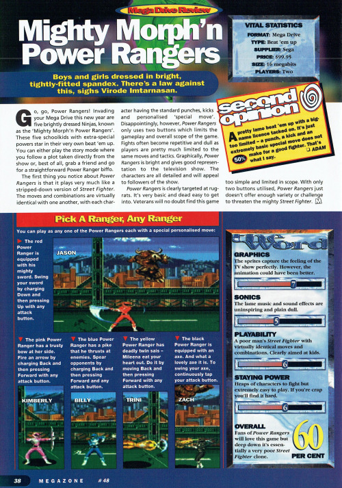 oldgamemags:Sega MegaZone #48, Feb 95 - Review of ‘Mighty Morph’n Power Rangers’ on the Mega Drive. 