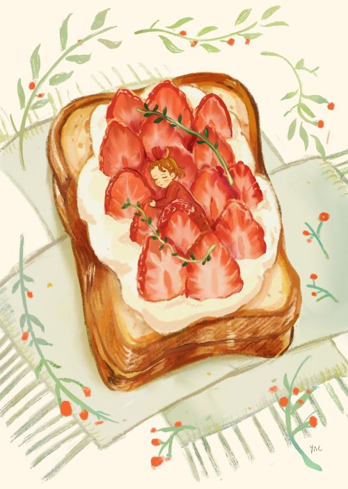 aradied: Arietty napping on a sweet strawberry cream toast for @ghiblicookbook