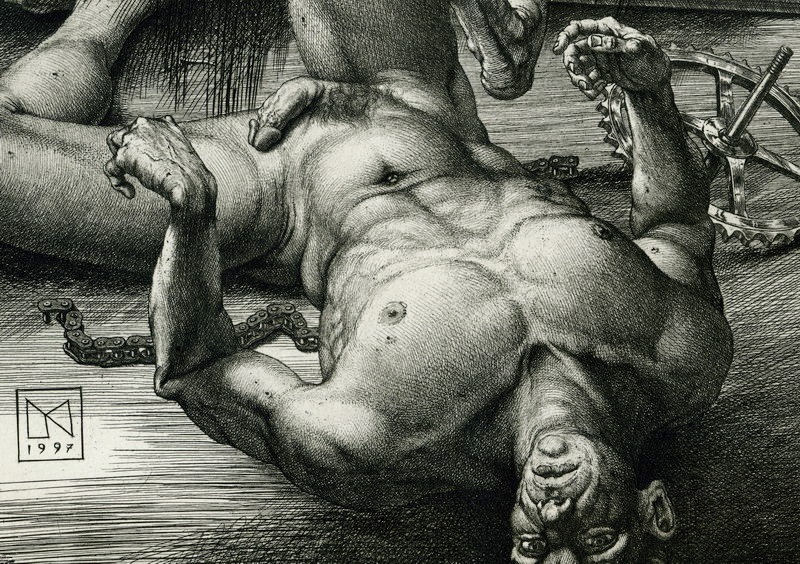 hadrian6:  Detail : Fallen Icarus. 1997. Niel Moore. British. 1950 -    . etching.