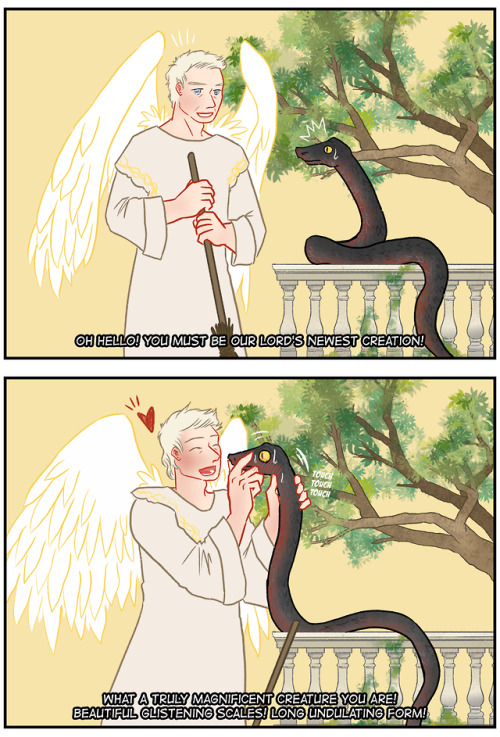 fox-maclir:johanirae:Good Omens | The Angel of the East Gate meets his first serpent. @sevdrag have 