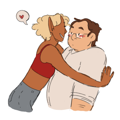 [ID: A colored digital sketch of Barry and Lup in a simplified art style. Lup is smiling, caging a f