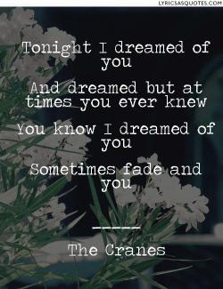 lyricsasquotes:  ‘Tonight I dreamed of you And dreamed but at times you ever knew You know I dreamed of you Sometimes fade and you’ -The Cranes | Visit Lyrics as Quotes for more song lyrics made into bite size quotes.