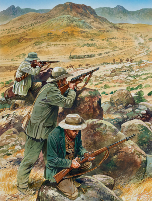 An illustration of Boers engaging British forces during the Boer War (1899-1902).