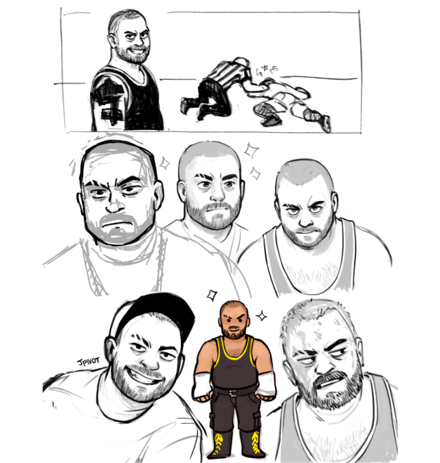 miscellaneous drawings of the mad king, eddie kingston! the topmost one is a moment from Full Gear where eddie grins towards the camera while cm punk lays knocked out on the ground and the ref is checking on him. hes grinning in most of these.