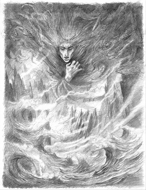 maire-annatari:John Howe has sketched a portrait of Melkor.  Probably at that moment when the Balrog