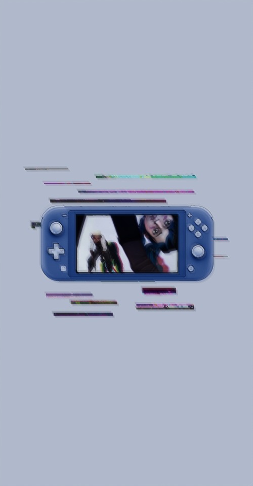 Fundo lilás, com bugs e em cima dos bugs tem um Nintendo azul com o Ekko e a Jinx aparecendo na tela. O efeito deixa tudo mais escuro.