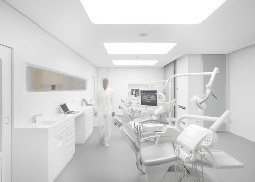 dezeen:  Almost everything is pristinely white inside this dental clinic in Sicily by architecture studio Bureauhub, from the walls and floors to furniture, equipment and staff uniforms