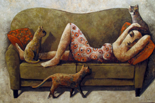 Girls and cats   …  Didier LaurencoCatalan b.1968-