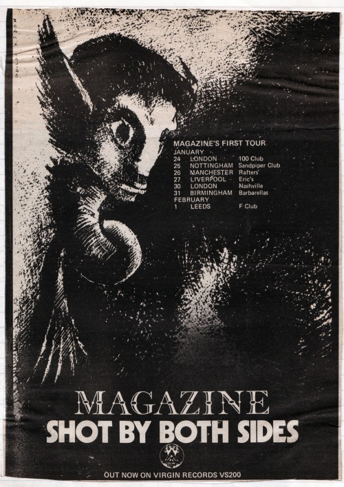 Press advertisement promoting Magazine’s single Shot By Both Sides, 1978 (via here)