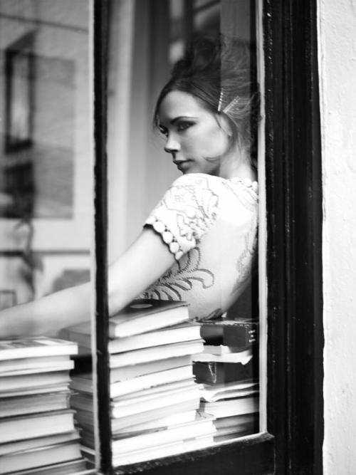 books0977: Victoria Beckham with books wearing a Valentino dress in “Walking On Sunshine” for i-D, S