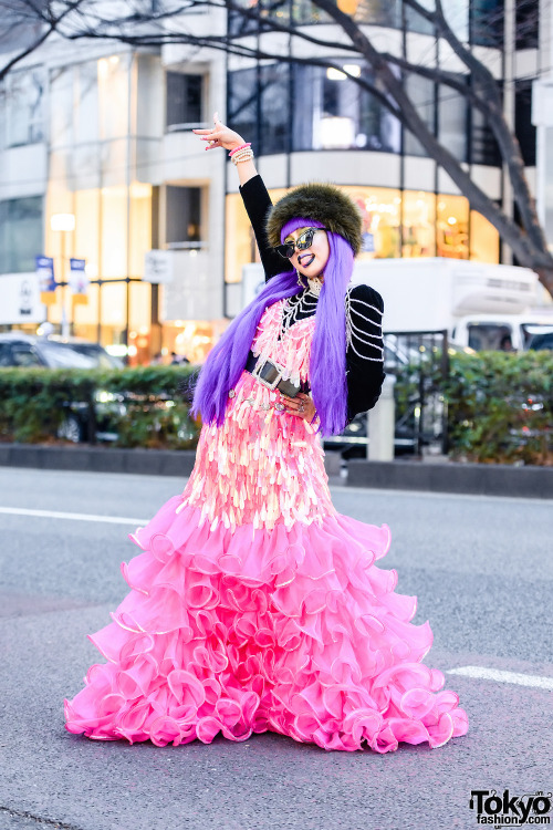 Japanese fashion student Sana on the street in Harajuku wearing a dress by the legendary Harajuku fa