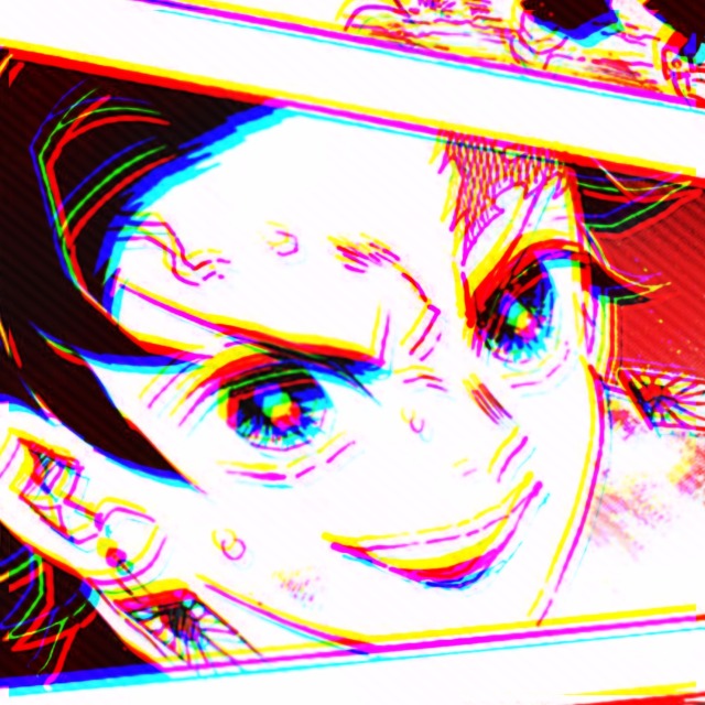 an icon of tanjiro from demon slayer manga. it has a red and orange overlay. he smirks at the viewer in mid battle. 