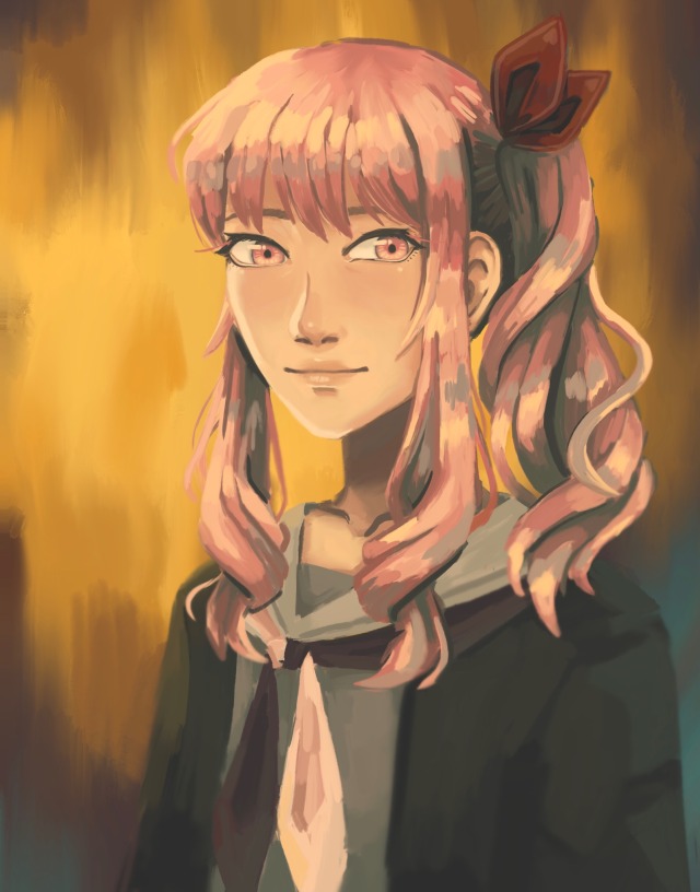 a digital painting of mizuki akiyama from project sekai. they are looking at the camera and smiling slightly. the colour palette is in warm hues with hints of saturated green blue