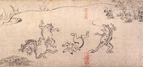 bewarethebibliophilia:Section of a 12th century satirical animal scroll painting, in which a frog ha