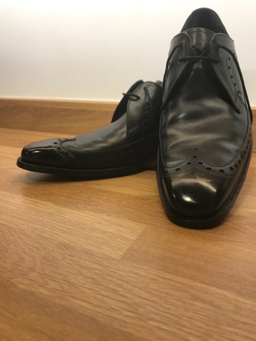 I polished and mirror shined his shoes for a meal out, hope people like it.