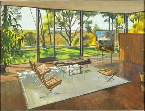 Living room, the glass house   -    David Mode Payne, 1940American, 1907-1985mixed media on paper , 