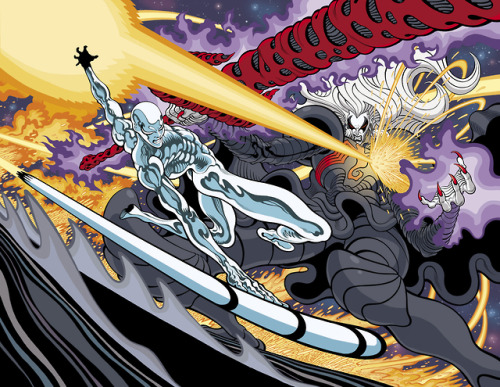 Some double page spreads from Silver Surfer: Blackdrawn by Tradd Moore, colored by Dave Stewart, scr