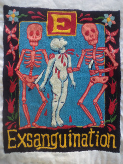 mygoodbabushka: Executioner’s Alphabet, Hand embroidered tapestry in progress,  E-H 