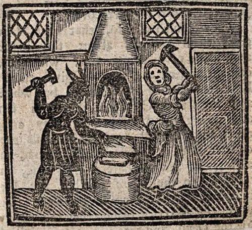 oursoulsaredamned:Woodcut of a witch and a devil making a nail, 1720