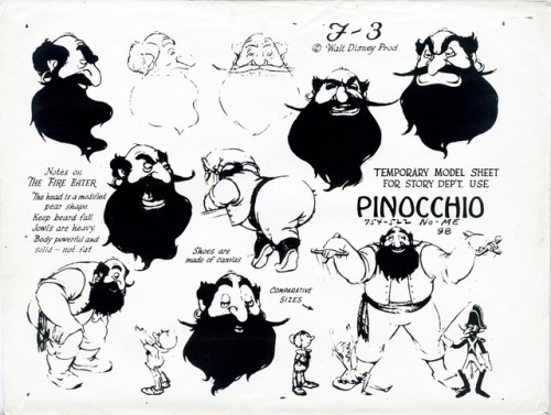 Model sheets for various Pinocchio (1940) characters. No room for Honest John and Gideon (they&rsquo